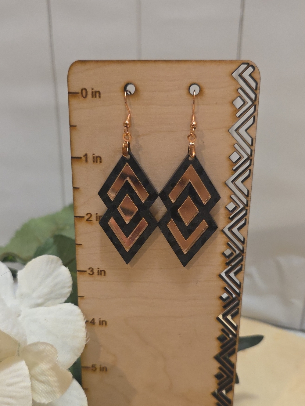 Double Diamond Geometric Drop Earrings - Black & Rose Gold